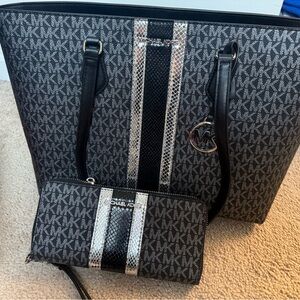 Michael Kors Black and Silver Tote and Wallet Set